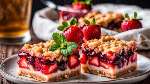 A piece of strawberry crumble pie on a plate and richly decorated with fresh strawberries.