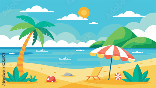 A cartoon illustration of a sunny beach scene with a palm tree, beach chair, umbrella, and a life preserver on the sandy shore.