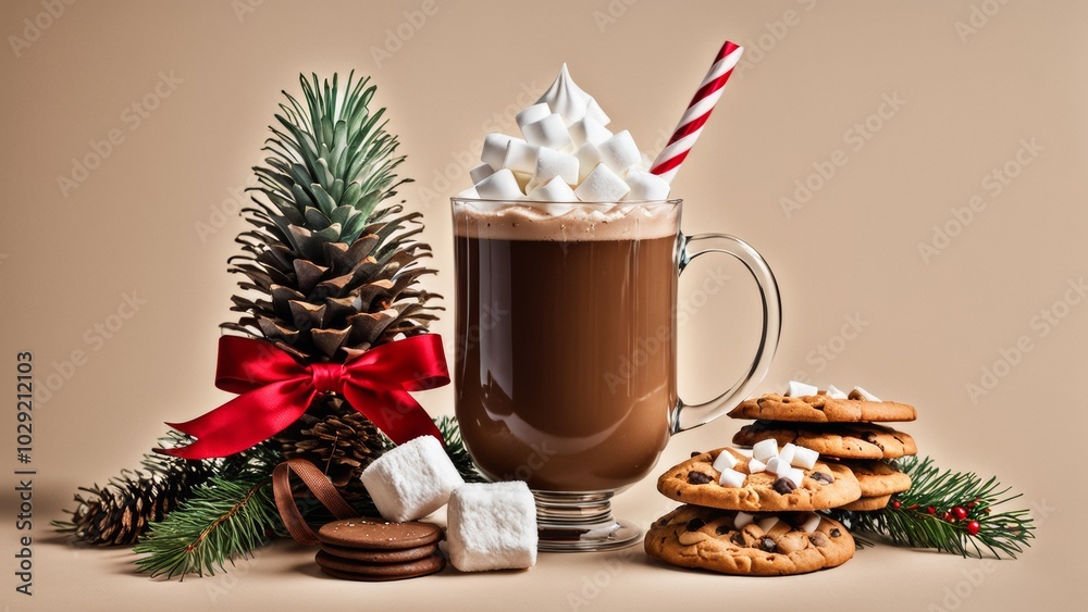 A glass filled with hot chocolate and decorated with whipped cream and marshmallows. Nearby are Christmas decorations, pine branches, cookies and a Christmas gift. A glass filled with hot chocolate and decorated with whipped cream and marshmallows. Nearby are Christmas decorations, pine branches, cookies and a Christmas gift.