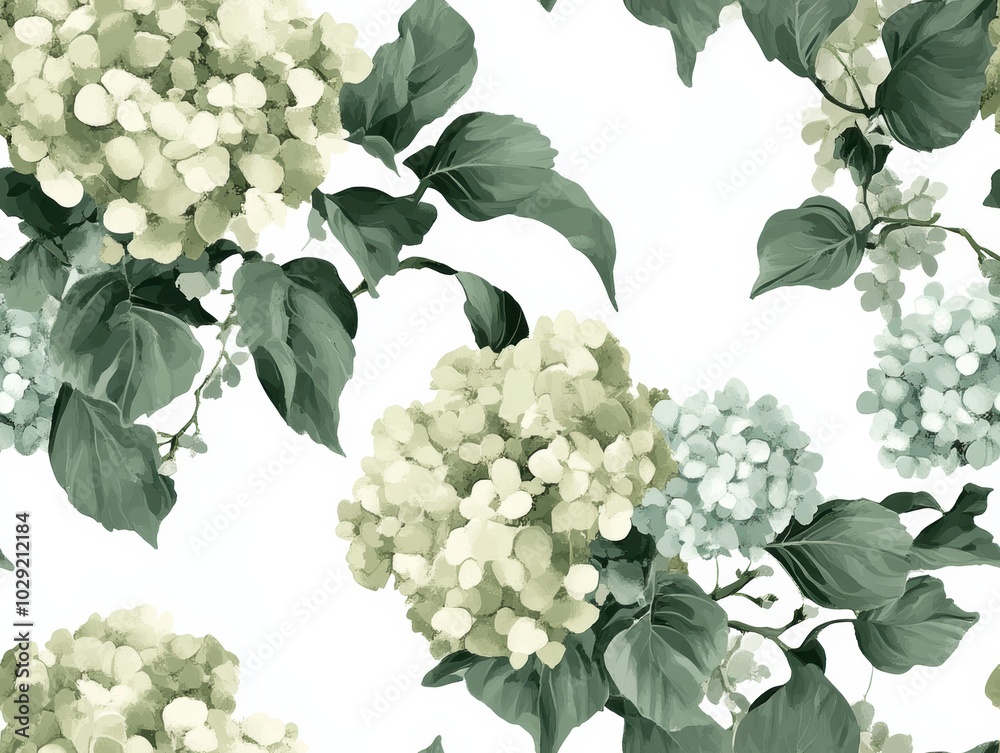green Hydrangea seamless pattern background, tiled and colorful hand-drawn floral plants and flowers. green Hydrangea seamless pattern background, tiled and colorful hand-drawn floral plants and flowers.
