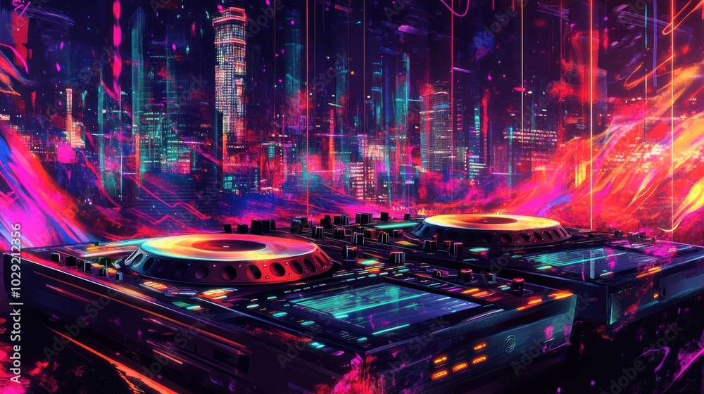DJ Mixer in a Cityscape with Neon Lights and Abstract Strokes DJ Mixer in a Cityscape with Neon Lights and Abstract Strokes
