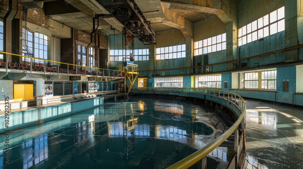 Abandoned Industrial Building with a Circular Pool and Reflections Abandoned Industrial Building with a Circular Pool and Reflections