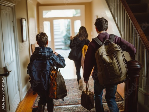 Family rushing out the door with backpacks.