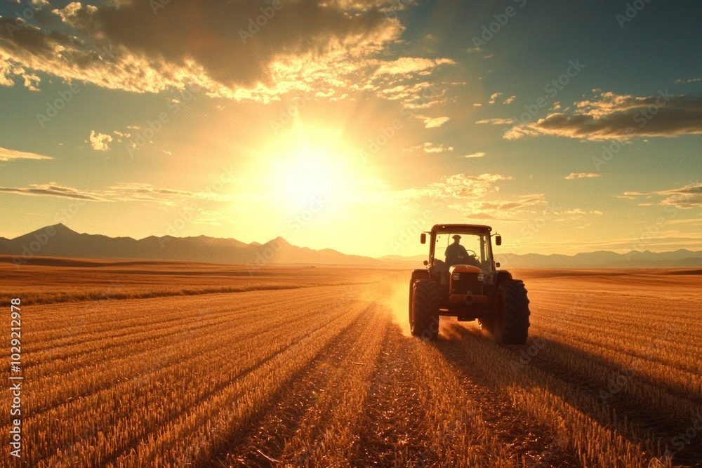 A farmer drives a tractor through a field at sunset. A farmer drives a tractor through a field at sunset.