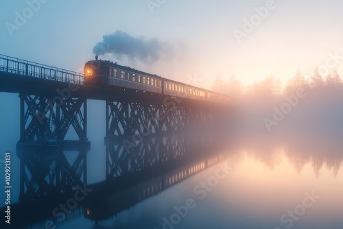 A vintage train crosses a misty bridge at sunrise, creating a beautiful reflection on the calm water below