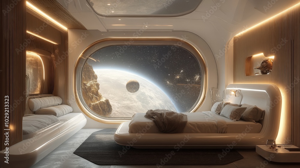 wide angel view of a space ship bedroom