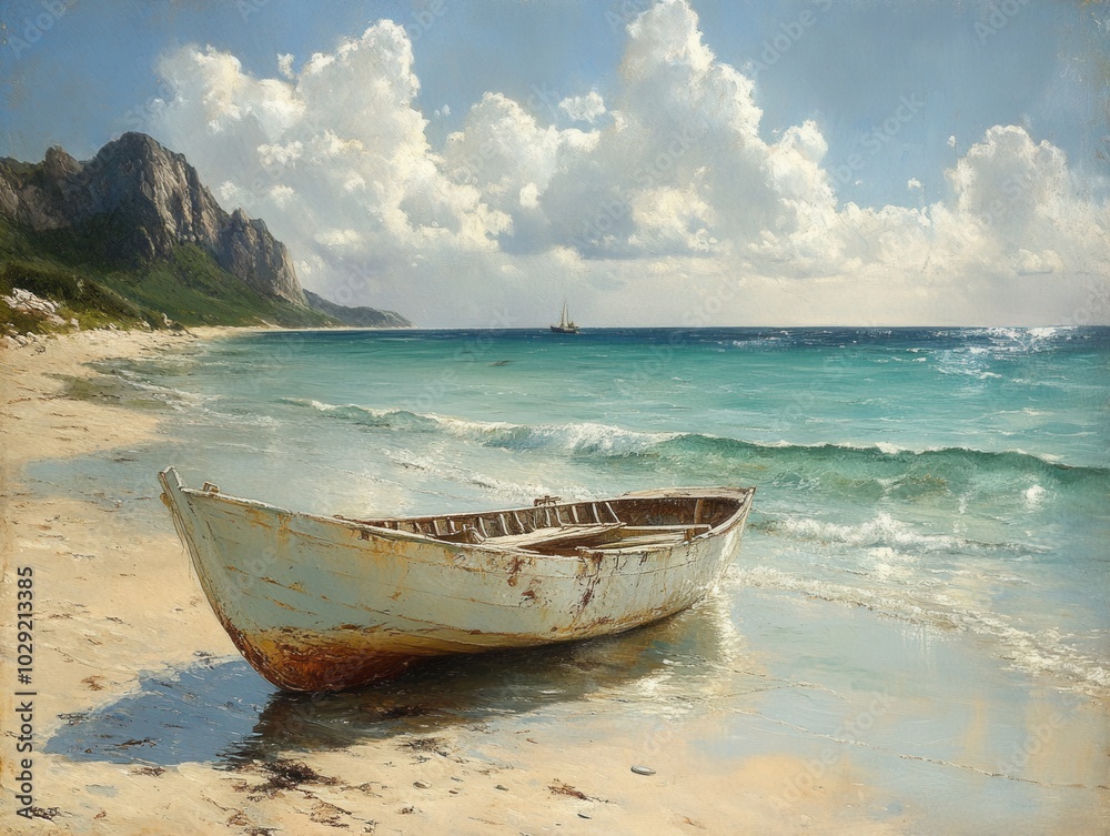 Tranquil Beach Scene with a Boat, gentle waves lapping at the shore, a peaceful atmosphere inviting relaxation and reflection Tranquil Beach Scene with a Boat, gentle waves lapping at the shore, a peaceful atmosphere inviting relaxation and reflection