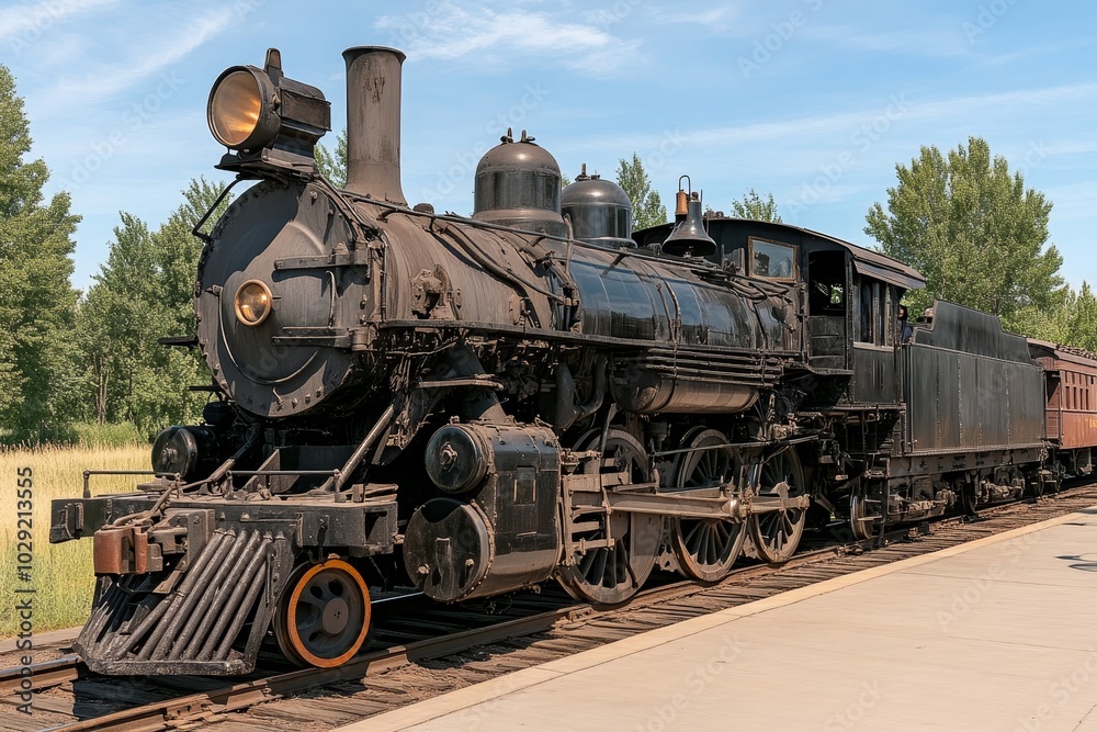 Historic steam locomotive parked at a scenic railway station during a bright summer day with greenery in the background Historic steam locomotive parked at a scenic railway station during a bright summer day with greenery in the background
