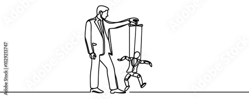Continuous one line drawing businessman walks by being moved by ropes controlled by a giant hand above. Policies that are never implemented. Like a puppet. Single line draw design vector illustration