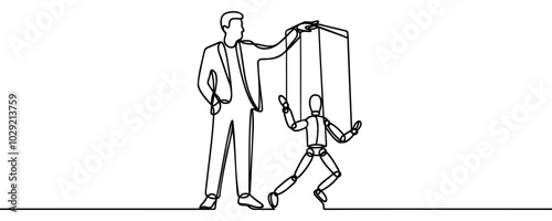 Continuous one line drawing businessman walks by being moved by ropes controlled by a giant hand above. Policies that are never implemented. Like a puppet. Single line draw design vector illustration
