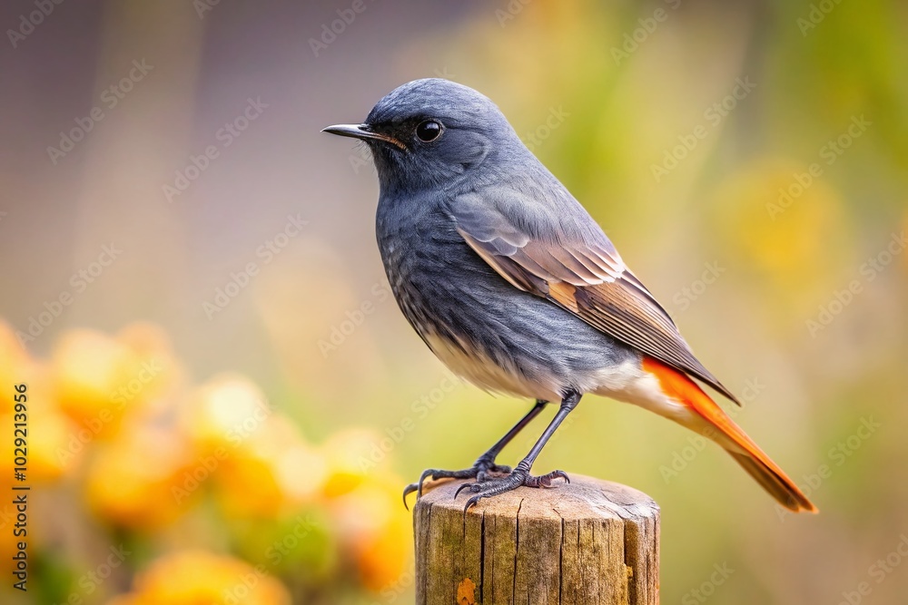 Black Redstart on Weathered Fence Post in Spring - Minimalist Nature Photography Black Redstart on Weathered Fence Post in Spring - Minimalist Nature Photography