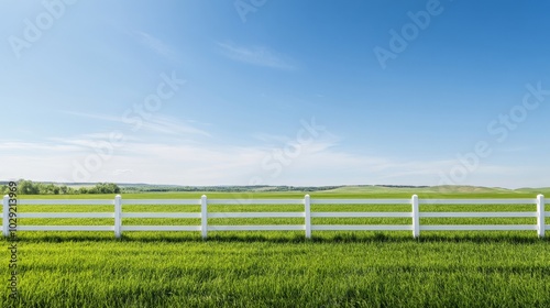 A pristine white fence contrasts with a verdant green meadow under a clear blue sky.