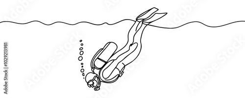 Single continuous line drawing of scuba diver. The concept of sport is a journey of scuba diving one line art.