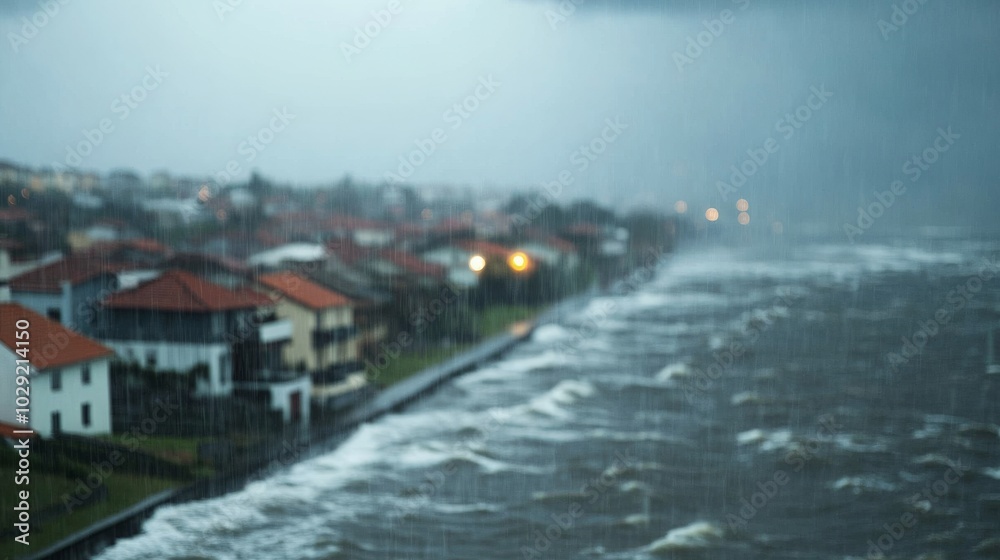 stormy seaside with blurred houses