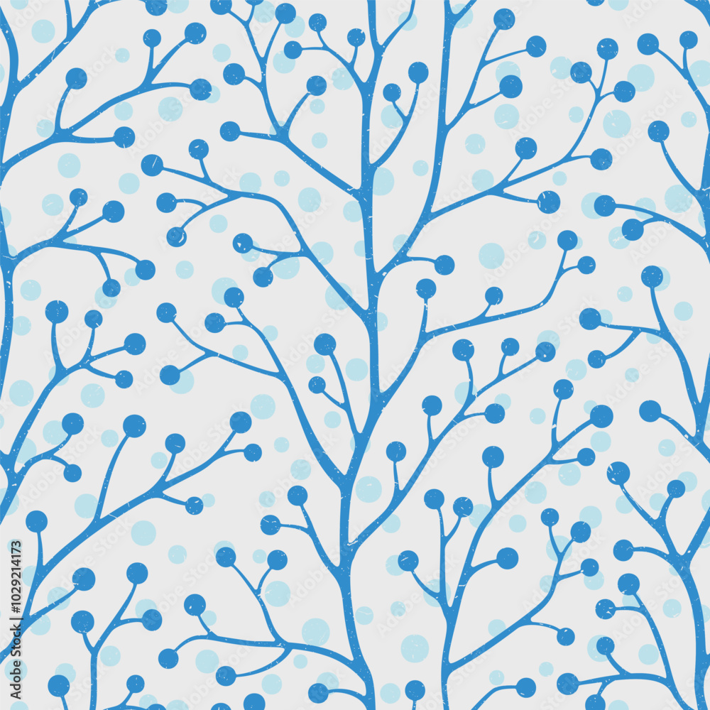 A seamless winter pattern featuring blue berry branches against a soft blue background designed for decorations and textiles A seamless winter pattern featuring blue berry branches against a soft blue background designed for decorations and textiles