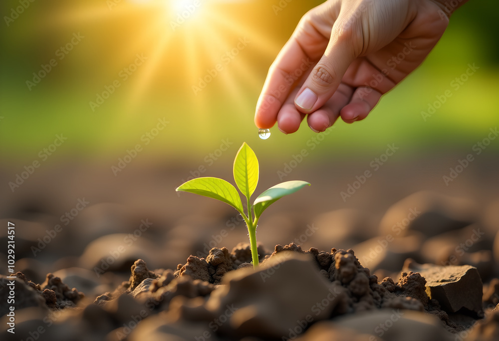 Fototapeta premium Hand Watering a Small Sapling with Droplet in Warm Light