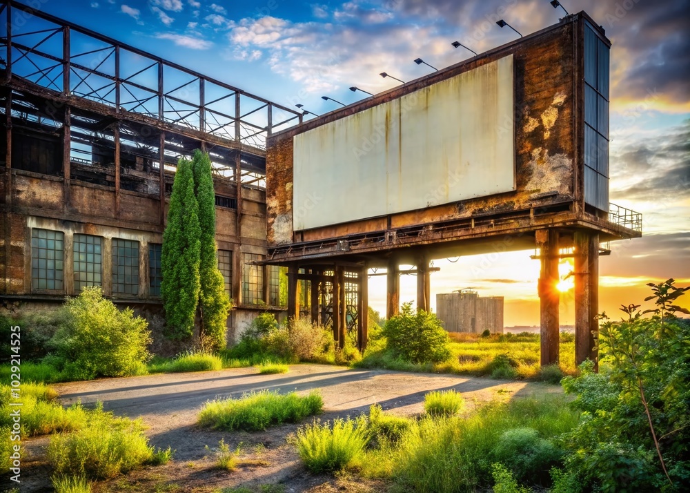 Blank Billboard in Front of Abandoned Factory - Urban Decay Photography Blank Billboard in Front of Abandoned Factory - Urban Decay Photography