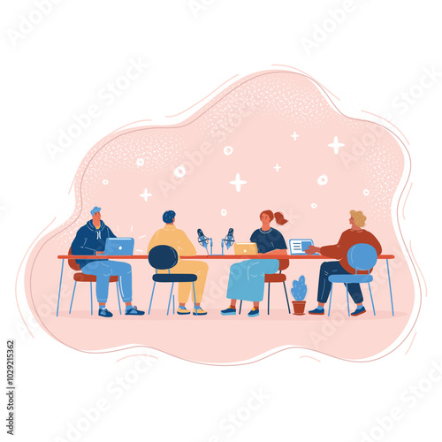 Cartoon vector illustration of meeting people at table.