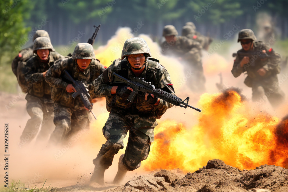 Fototapeta premium Chinese soldiers conduct a training exercise amid explosions and smoke in a forested area showcasing military tactics and teamwork during daylight hours