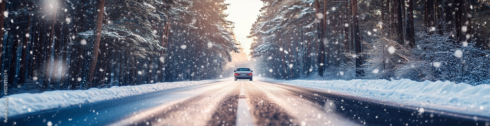 Beautiful winter road in the forest with snow and sunlight, panoramic banner, snowing, snow-covered trees on both sides of the asphalt highway. The car is driving along it.