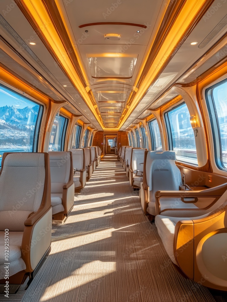 Luxurious train carriage with panoramic windows during daytime in a mountainous region