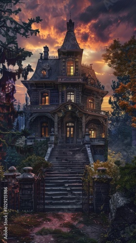 Sinister manor veiled in eternal twilight, 4K hyperrealistic photo