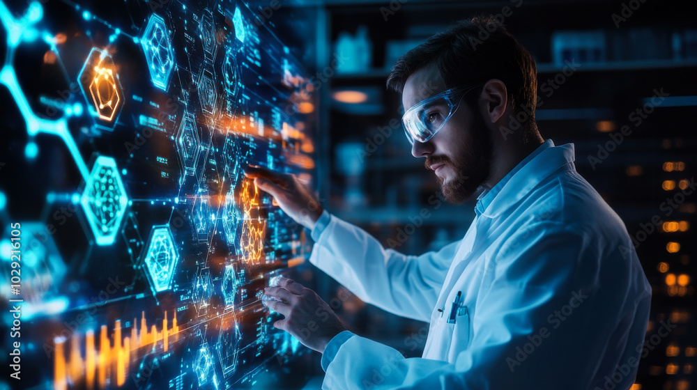 Scientist analyzing digital data on a futuristic interface in a lab during nighttime Scientist analyzing digital data on a futuristic interface in a lab during nighttime