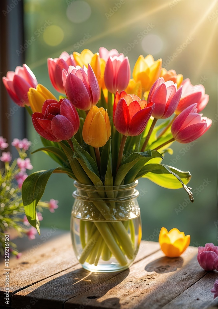 A vibrant bouquet of tulips in a crystal vase A vibrant bouquet of tulips in a crystal vase