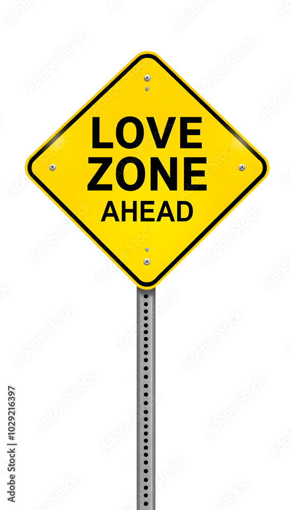 Love zone ahead. Yellow traffic sign isolated with white highlights, png Love zone ahead. Yellow traffic sign isolated with white highlights, png