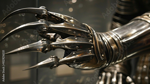 A close-up of a pair of gloves with long, metallic claws extending from the fingertips, glinting in the light. photo