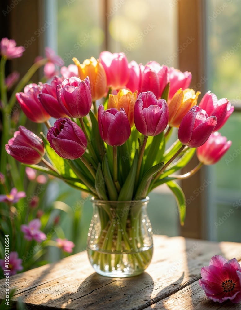 A vibrant bouquet of tulips in a crystal vase A vibrant bouquet of tulips in a crystal vase