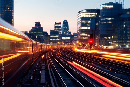 A bustling evening in the city as trains speed past skyscrapers and skyscraper silhouettes at twilight