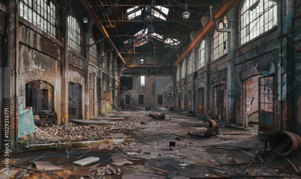 Ghostly ruins of a once-thriving industrial hub, 4K hyperrealistic photo Ghostly ruins of a once-thriving industrial hub, 4K hyperrealistic photo