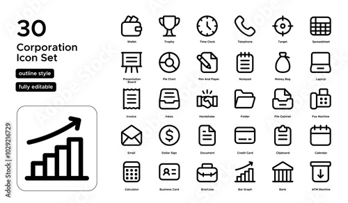 Corporation Line Icon Set: Corporate Management, Legal Entities, and Commercial Growth Icons

