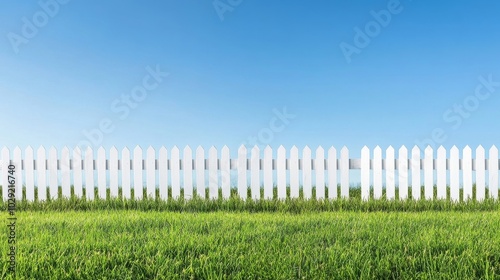 A white picket fence surrounded by vibrant green grass with a clear blue sky in the background. photo