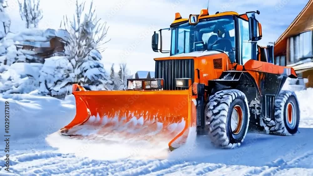 Snowplow clearing a residential road covered in deep snow after heavy snowfall Snowplow clearing a residential road covered in deep snow after heavy snowfall