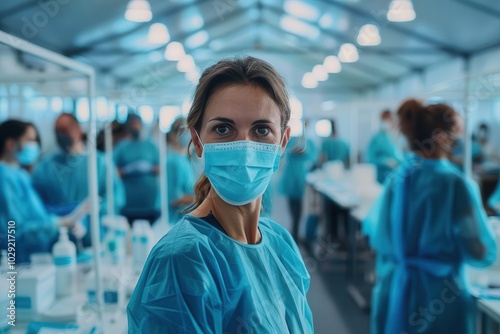 Detailed image of a vaccination site with organized stations and healthcare workers ultra-high detail