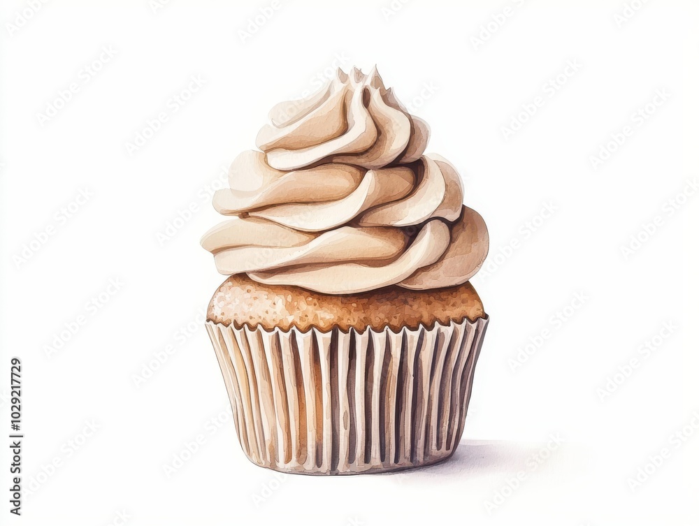 Delicious cupcake with creamy frosting, white isolated background.