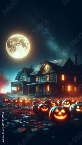 abandoned old house at night under the moonlight, halloween pumpkins in front of the house