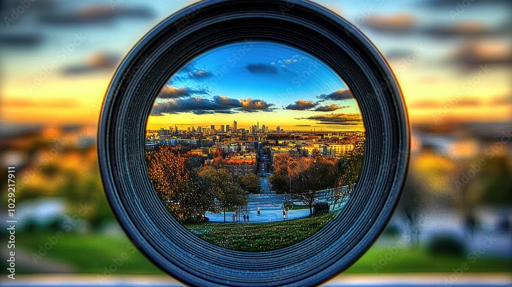 Cityscape Viewed Through a Camera Lens at Sunset Cityscape Viewed Through a Camera Lens at Sunset