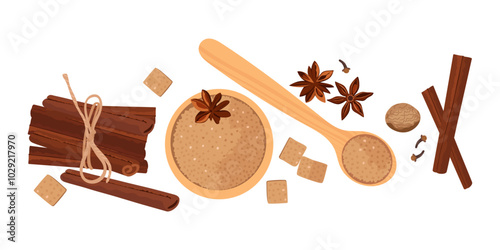 Set with cinnamon, anise stars, brown sugar, clove spice and nutmeg. Spices for baking or hot drinks. Mulled wine spices.