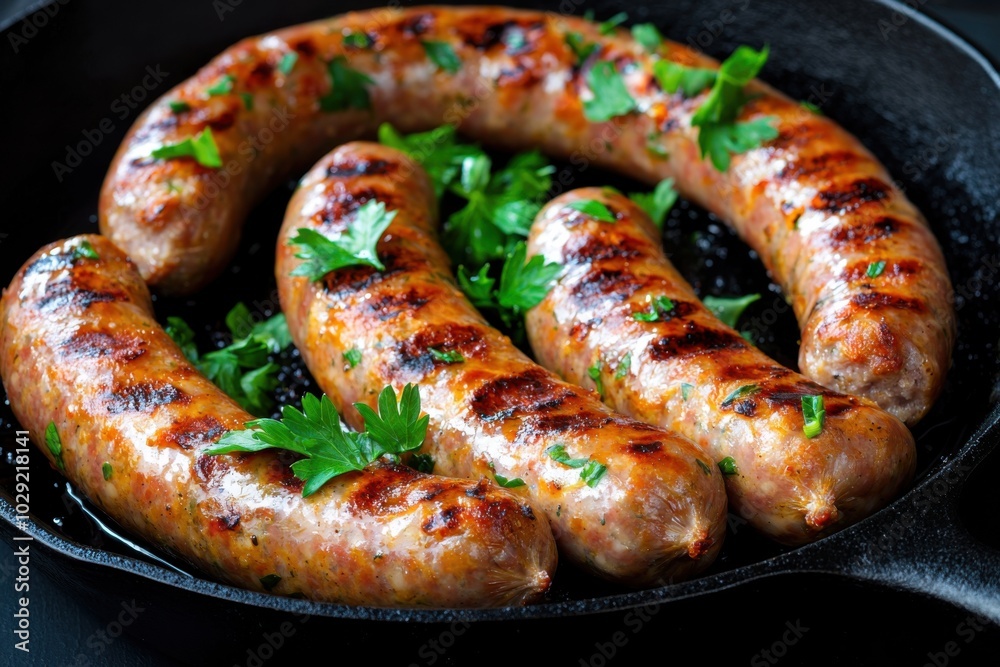 Grilled sausages garnished with fresh parsley in a cast-iron skillet. Grilled sausages garnished with fresh parsley in a cast-iron skillet.
