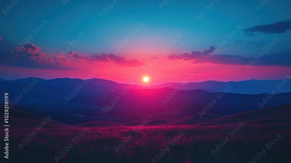Serene Distant Mountains at Sunset, tranquil landscape with soft hues illuminating rugged peaks under a vibrant evening sky Serene Distant Mountains at Sunset, tranquil landscape with soft hues illuminating rugged peaks under a vibrant evening sky