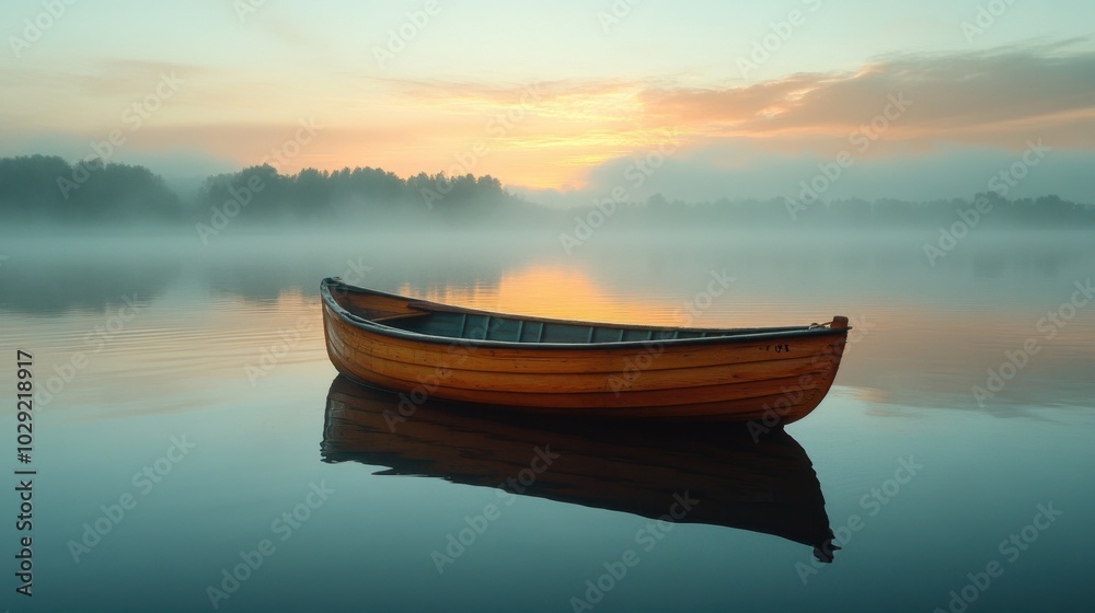 Solitary boat on tranquil lake at dawn, soft hues reflecting on water, serene atmosphere, inviting calm and introspection