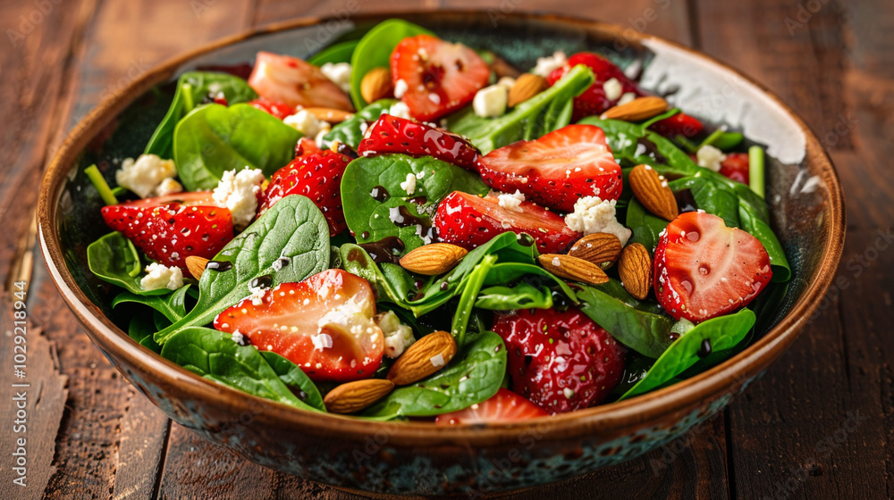 A fresh spinach salad with a medley of sliced strawberries, crumbled goat cheese, and roasted almonds, drizzled with balsamic vinaigrette. A fresh spinach salad with a medley of sliced strawberries, crumbled goat cheese, and roasted almonds, drizzled with balsamic vinaigrette.