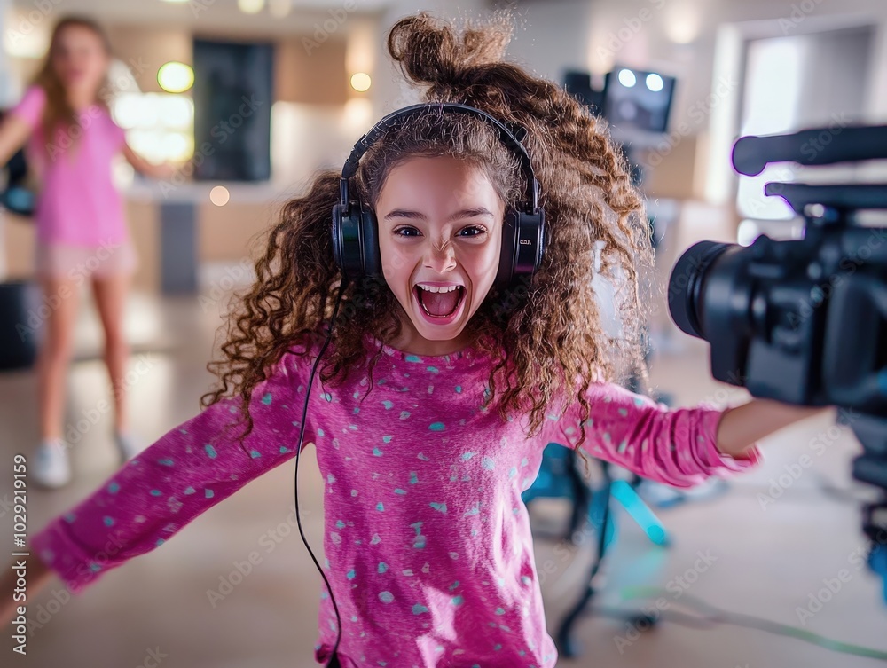 Fototapeta premium An exuberant young girl with curly hair and large headphones enjoys herself in a brightly lit studio environment where she seems engaged with the camera.