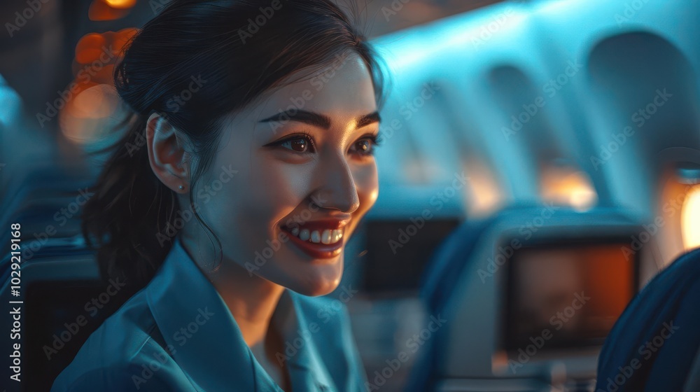 Realistic flight attendant helping a passenger find their seat on an international flight high-definition detail