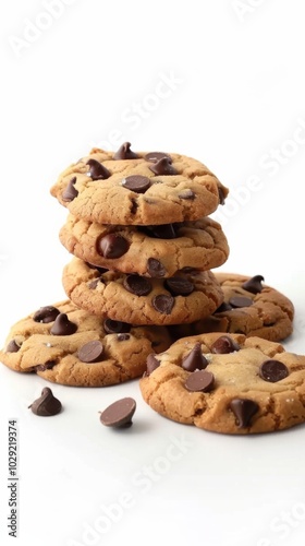 Freshly baked chocolate chip cookies, white background, 4K hyperrealistic photo