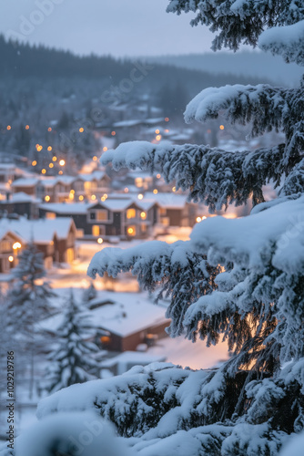 Winter landscape with a snow covered pine tree against the background of lights of a small mountain town photo