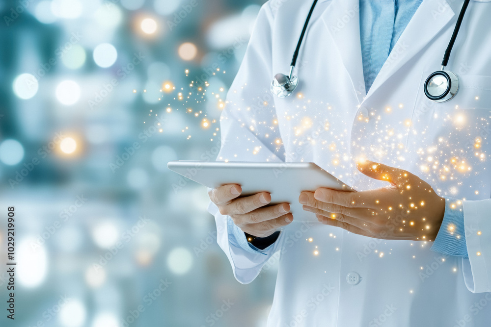 A Doctor Using A Tablet To Review Patient Records And Update Medical Charts During A Consultation, Showcasing Digital Health Management A Doctor Using A Tablet To Review Patient Records And Update Medical Charts During A Consultation, Showcasing Digital Health Management